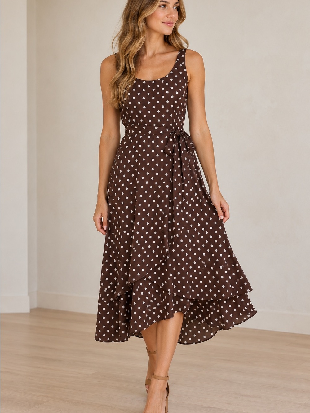 JBS Womenโs 16 Brown White Polka Dot Midi Dress Tie Waist Layered Hem